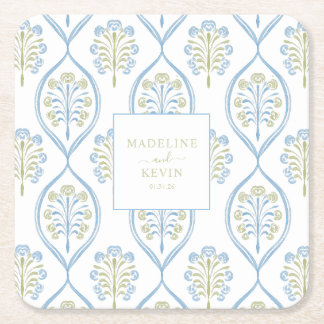Posavasos Cuadrado De Papel Patrón de boda floral azul y verde a medida