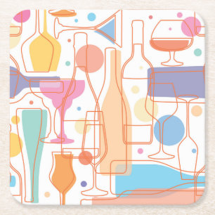 Posavasos Cuadrado De Papel Patrón de botellas de vino y lentes coloridos