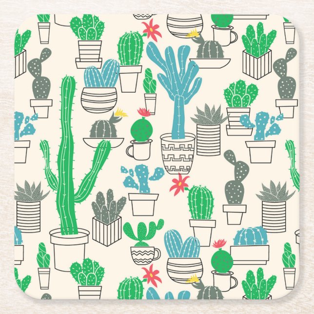 Posavasos Cuadrado De Papel Patrón de cacti floral natural (Anverso)