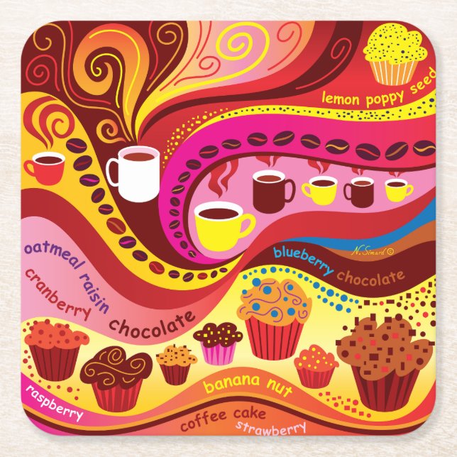 Posavasos Cuadrado De Papel Patrón de café y muffins (Anverso)