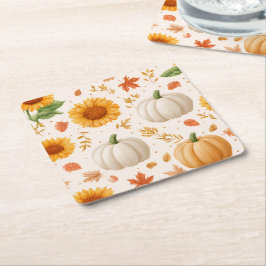 Posavasos Cuadrado De Papel Patrón de calabazas otoñales y girasoles de color 