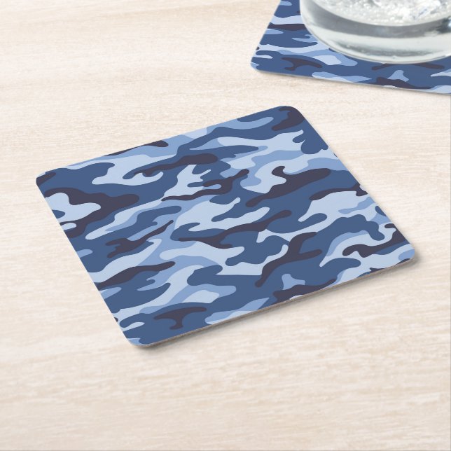 Posavasos Cuadrado De Papel Patrón de camuflaje azul oscuro (En perspectiva)