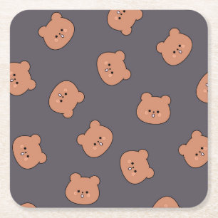 Posavasos Cuadrado De Papel Patrón de cara de oso de peluche marrón lindo azul