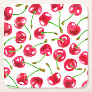 Posavasos Cuadrado De Papel Patrón de cerezas de color agua