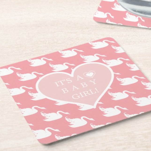 Posavasos Cuadrado De Papel Patrón de cisne rosa y blanco para Baby Shower (Subido por el creador)