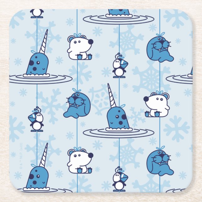 Posavasos Cuadrado De Papel Patrón de copos de nieve azul de Narwhal (Anverso)