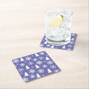 Posavasos Cuadrado De Papel Patrón de copos de nieve y pinos