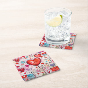 Posavasos Cuadrado De Papel Patrón de corazones y letras de amor caprichosos