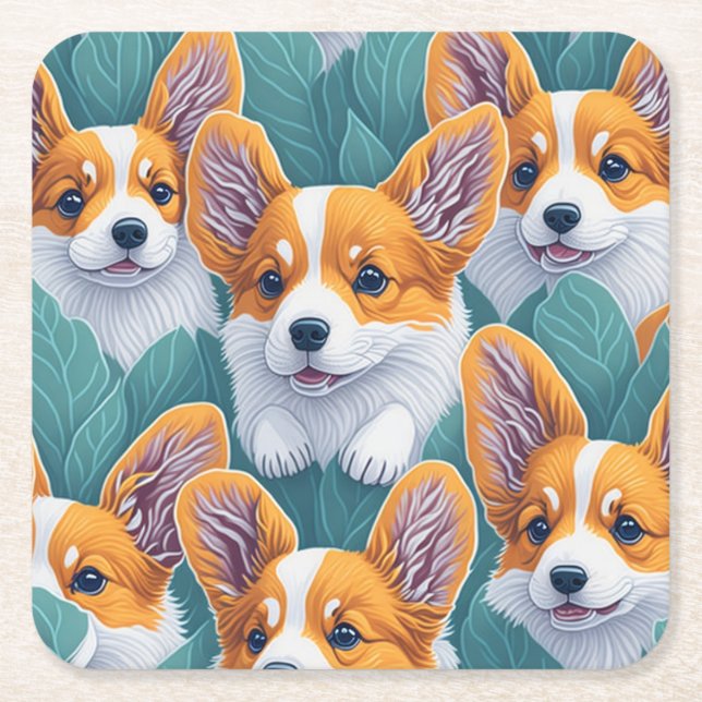 Posavasos Cuadrado De Papel Patrón de corgi (Anverso)