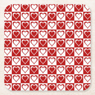 Posavasos Cuadrado De Papel Patrón de cuadros rojos con Corazones