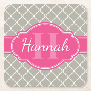 Posavasos Cuadrado De Papel Patrón de cuarzo blanco gris Monograma rosado