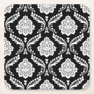 Posavasos Cuadrado De Papel Patrón de Damasco Rococó Blanco sobre Negro