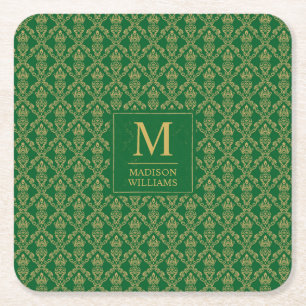 Posavasos Cuadrado De Papel Patrón de damasco sin costuras verde esmeralda y d