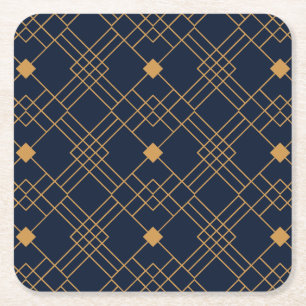 Posavasos Cuadrado De Papel Patrón de deco de arte dorado sobre fondo azul osc