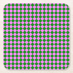 Posavasos Cuadrado De Papel Patrón de diamante de cuadros rosa verde