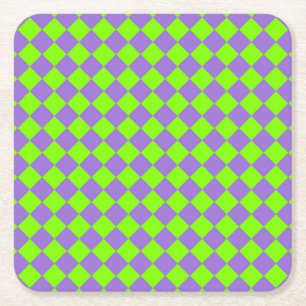 Posavasos Cuadrado De Papel Patrón de diamante de cuadros verdes y morados