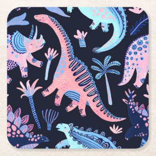 Posavasos Cuadrado De Papel Patrón de dinosaurios personalizados.