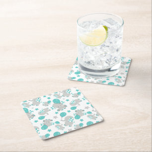 Posavasos Cuadrado De Papel Patrón de Elefantes, Elefantes Cutos - Gris Azul