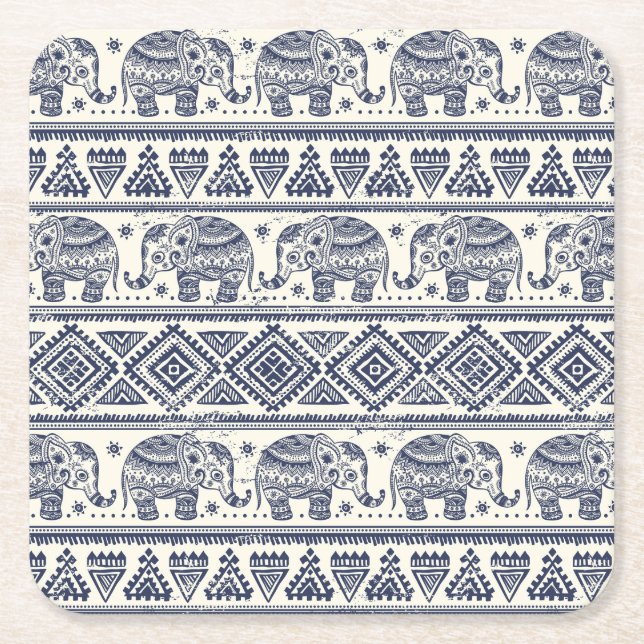 Posavasos Cuadrado De Papel Patrón de elefantes étnicos azules (Anverso)