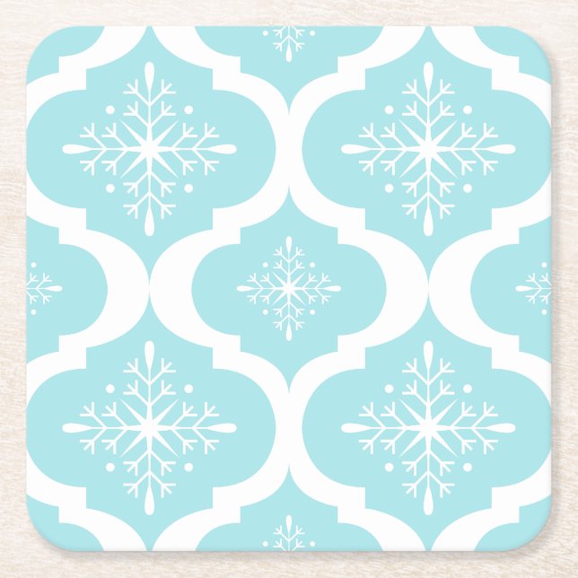 Posavasos Cuadrado De Papel Patrón de Entramado de copos de nieve azules Aqua  (Anverso)