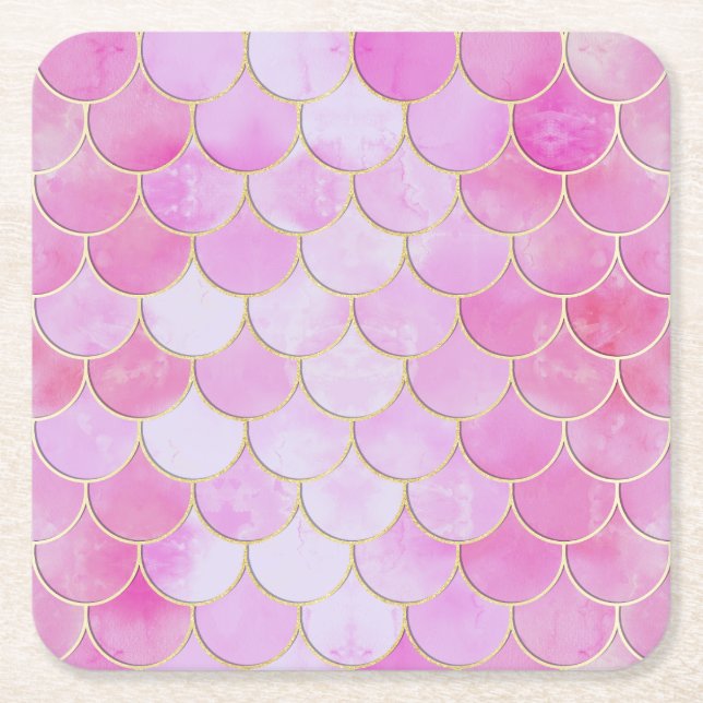 Posavasos Cuadrado De Papel Patrón de escala de sirena para pasteles rosados y (Anverso)