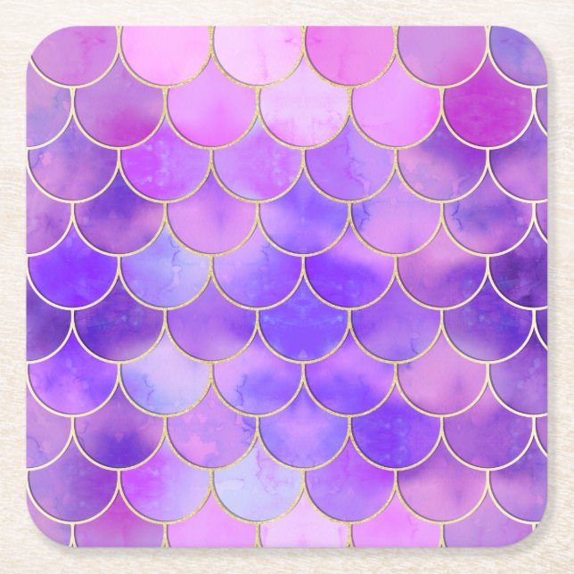 Posavasos Cuadrado De Papel Patrón de escala de sirena ultravioleta y dorada (Anverso)