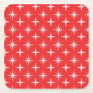 Posavasos Cuadrado De Papel Patrón de estrellas atómicas retro en rojo
