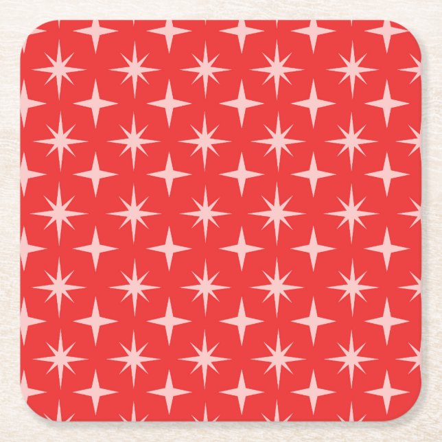 Posavasos Cuadrado De Papel Patrón de estrellas atómicas retro en rojo (Anverso)