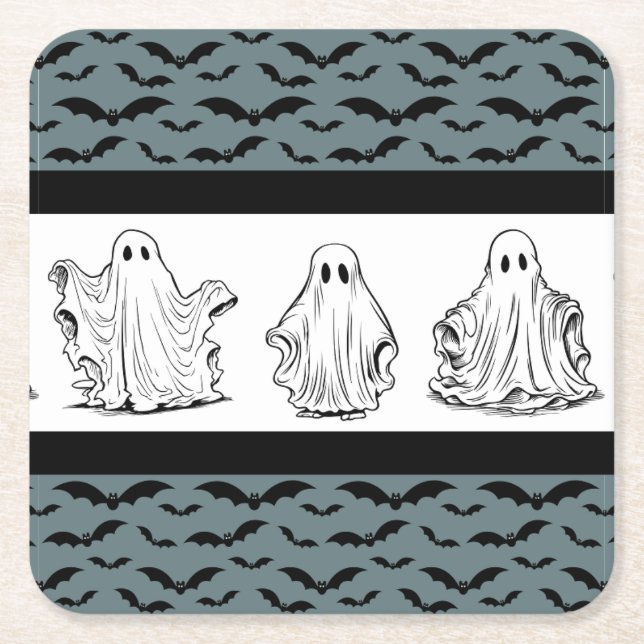 Posavasos Cuadrado De Papel Patrón de fantasía con fantasmas y murciélagos (Anverso)