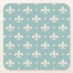 Posavasos Cuadrado De Papel Patrón de Fleur De Lis gris sobre fondo turquesa