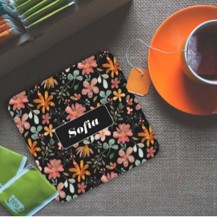 Posavasos Cuadrado De Papel Patrón de flor acuarela personalizado blanco negro