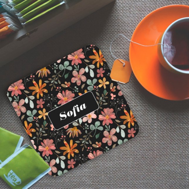 Posavasos Cuadrado De Papel Patrón de flor acuarela personalizado blanco negro (Subido por el creador)