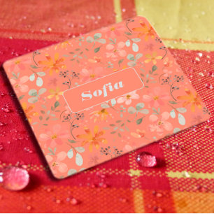 Posavasos Cuadrado De Papel Patrón de flor acuarela personalizado naranja blan