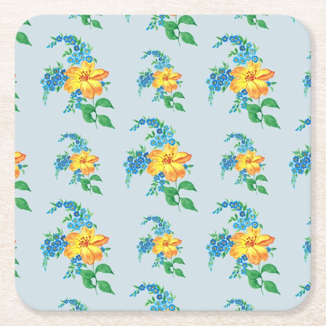 Posavasos Cuadrado De Papel Patrón de flor amarillo simple (Anverso)