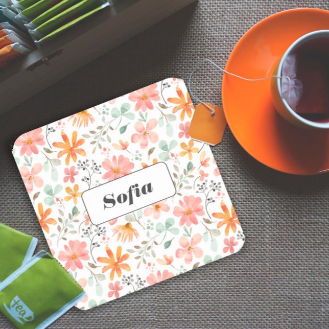 Posavasos Cuadrado De Papel Patrón de flor de acuarela botánica personalizado  (Subido por el creador)