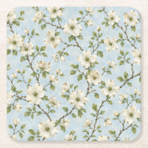 Posavasos Cuadrado De Papel Patrón de Flor de Cornejo del Sur sobre Azul Suave