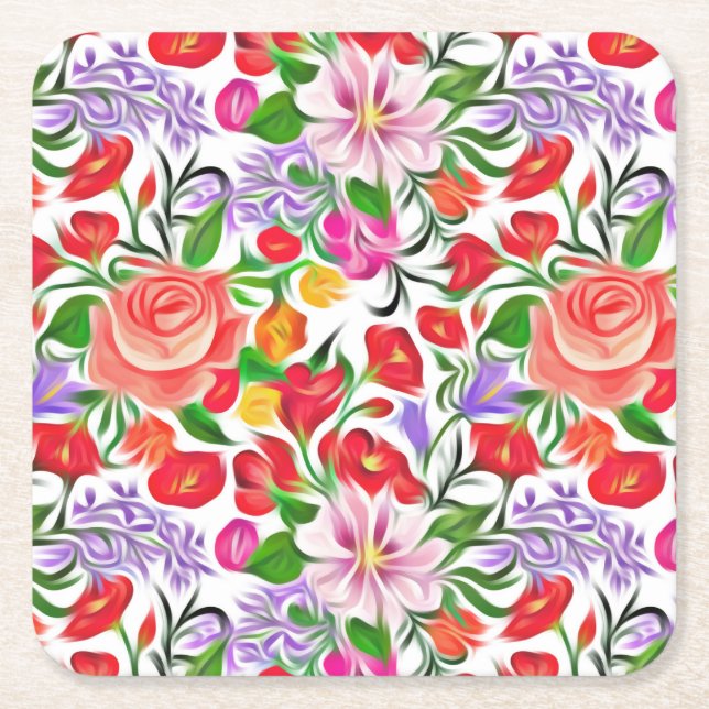 Posavasos Cuadrado De Papel patrón de flores (Anverso)