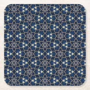 Posavasos Cuadrado De Papel Patrón de flores azul medianoche