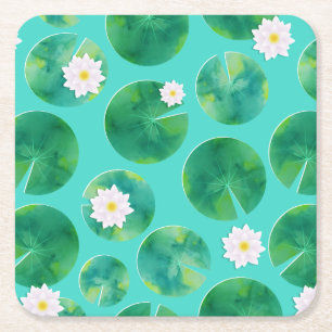 Posavasos Cuadrado De Papel Patrón de flores de lirio de agua blanca y almohad