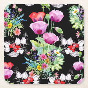 Posavasos Cuadrado De Papel Patrón de Flores de Verano de Amapolas Coloridas