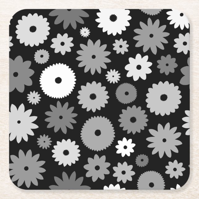 Posavasos Cuadrado De Papel Patrón de flores monocromas (Anverso)