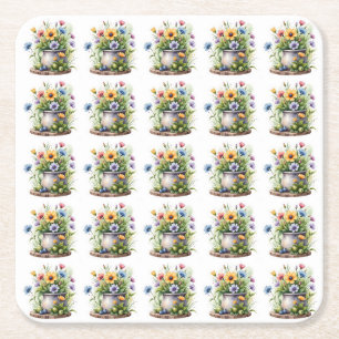 Posavasos Cuadrado De Papel patrón de flores naranjas, rosadas, amarillas y az