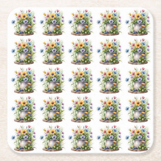 Posavasos Cuadrado De Papel patrón de flores naranjas, rosadas, amarillas y az