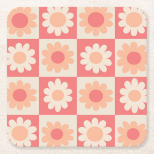 Posavasos Cuadrado De Papel Patrón de flores retro de melocotón a cuadros 