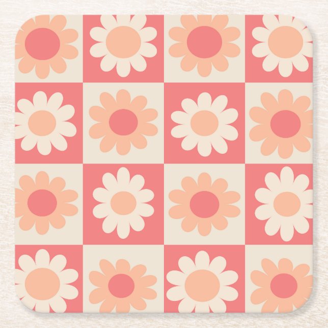 Posavasos Cuadrado De Papel Patrón de flores retro de melocotón a cuadros  (Anverso)