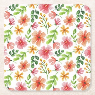 Posavasos Cuadrado De Papel Patrón de flores rosadas acuarela