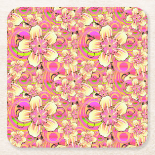 Posavasos Cuadrado De Papel patrón de flores rosadas groovy