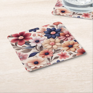 Posavasos Cuadrado De Papel Patrón de flores y hojas en rosa atrevido