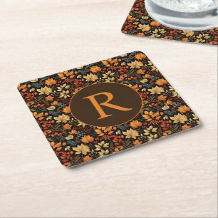 Posavasos Cuadrado De Papel Patrón de follaje otoñal monogramado