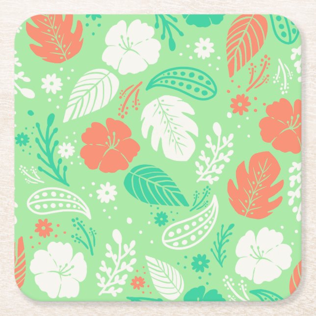 Posavasos Cuadrado De Papel Patrón de follaje tropical verde y Naranja (Anverso)